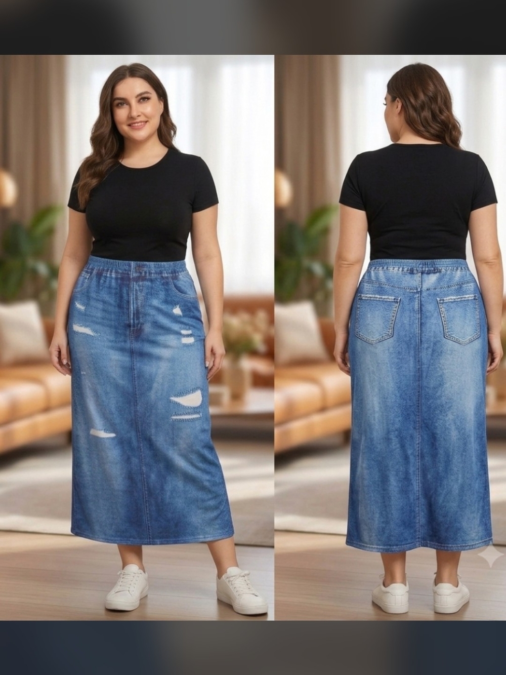 SHEIN Curve Denim Print Stretch Maxi Skirt 2XL